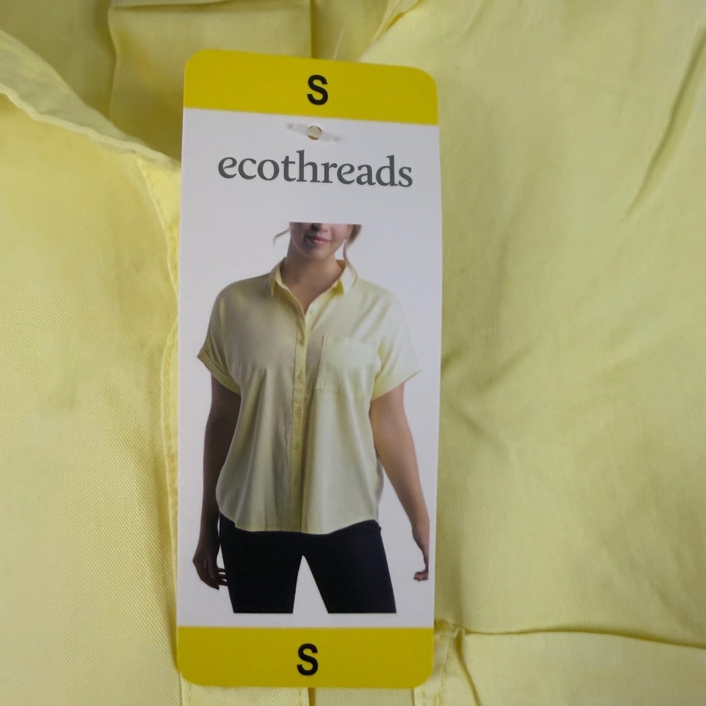 Ecothreads Womens Short Sleeve Button Down Shirt‎ Yellow Size S Collared Pocket